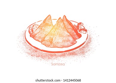 Traditional indian food, triangular roasted dough with filling, tasty oriental fast food, eastern cuisine