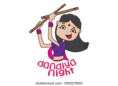 Traditional Indian Girl Dancing With Dandiya. Vector illustration. Isolated On White Background.