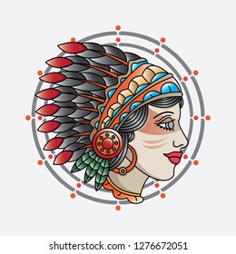 traditional indian girl head tattoo, vector EPS 10