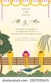 Diseño tradicional de tarjeta de invitación de boda haldi mehendi indio con ollas decorativas coloridas, colgante floral, decoración mogol, Vector de pavo real y árboles mogol