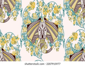 Traditional Indian Hand Drawn Aztec Ethnic Style Elephant Illustration and Floral Paisley Seamless Pattern with Soft Color Combination Suitable for Print and Wallpaper, Texture Fabric and Decoration 