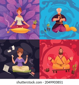 Traditional indian hatha yoga practice office meditation lotus pose relaxation floating feeling colorful cartoon compositions vector illustration