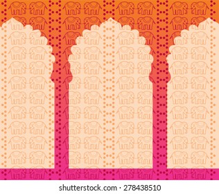 Traditional Indian henna pattern with elephants, pink background with oriental temple gates and space for text