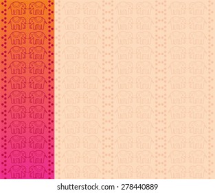 Traditional Indian henna pattern with elephants, beige background with pink vertical banner and space for text