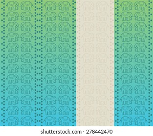 Traditional Indian henna pattern with elephants, blue background with vertical banner and space for text