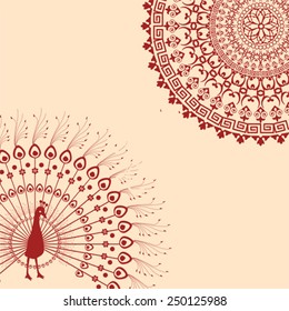 Traditional Indian henna peacock and mandala card design with space for text 