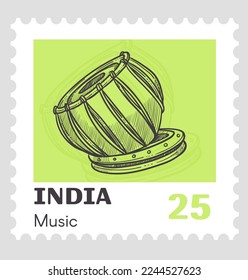 Instrumentos y música, cultura y costumbres tradicionales de la India. Esbozo monocromo de tambor, marca postal o postal con precio. Marca o tarjeta postal, correo y correspondencia. Vector de estilo plano