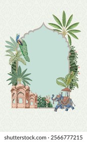 Traditional Indian Jaipur style decorative arch, palace garden themed wedding frame with elephant, peacock, flower illustration