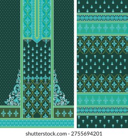 Traditional Indian Kurta Front Panel with Beautiful Neck Design, Floral Buta Motif and Ornate Border - Digital Textile Print Vector for Salwar Kameez