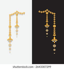 Projeto tradicional de joias Maang Tikka indiano - Ornamento de noiva de ouro sobre fundo branco e preto

