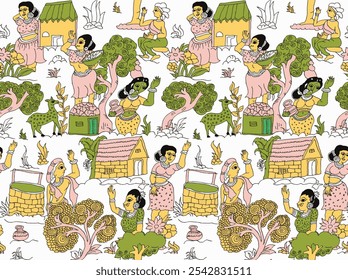 traditional indian madhubani art.seamless kalamkari pattern.village culture.working womens.women drawn in Madhubani Kalamkari style for textile printing.