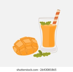 Tradicional lassi de manga indiana servido com palha e hortelã, ao lado de uma manga madura fatiada.
