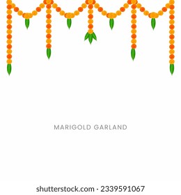 Traditional Indian Marigold Flower Garland with Mango leaves. Decoration for Indian Hindu holidays or weddings or Puja Festival, Indian Festival flower decoration