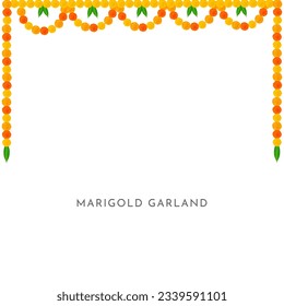 Traditional Indian Marigold Flower Garland with Mango leaves. Decoration for Indian Hindu holidays or weddings or Puja Festival, Indian Festival flower decoration