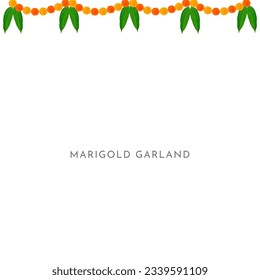 Traditional Indian Marigold Flower Garland with Mango leaves. Decoration for Indian Hindu holidays or weddings or Puja Festival, Indian Festival flower decoration