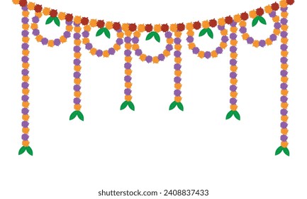  Traditional indian marigold toran floral garland vector,wedding and festival decoration,border flower decoration with transparent background