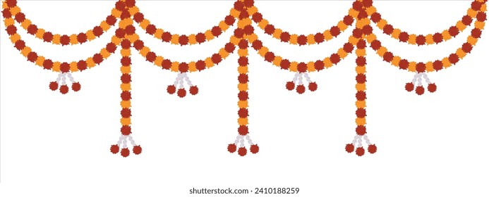 Traditional indian marigold toran floral garland vector,wedding and festival decoration,border flower decoration 