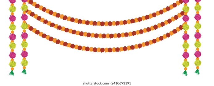 Traditional indian marigold toran floral garland vector,wedding and festival decoration,border flower decoration