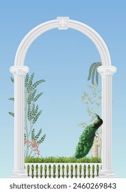 Traditional Indian Mughal arch, dome, garden, peacock, illustration for wallpaper