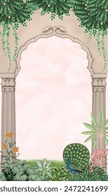 Traditional Indian Mughal arch, dome, garden, peacock, illustration for wallpaper. Living room wallpaper design.