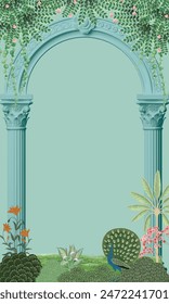 Traditional Indian Mughal arch, dome, garden, peacock, illustration for wallpaper. Living room wallpaper design.