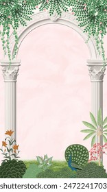 Tradicional arco mogol indio, cúpula, jardín, pavo real, ilustración para el Fondo de pantalla. Diseño de Fondo de pantalla de sala de estar.