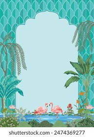 Traditional Indian Mughal arch, dome, garden, Flamingo, illustration for wallpaper. Living room wallpaper design.