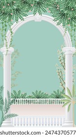 Traditional Indian Mughal arch, dome, garden, peacock, illustration for wallpaper. Living room wallpaper design.