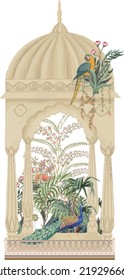 Traditional Indian Mughal arch garden, peacock, parrot plant vector illustration for wallpaper