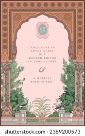 Traditional Indian Mughal arch style wedding invitation card design. Invitation card for printing vector illustration.