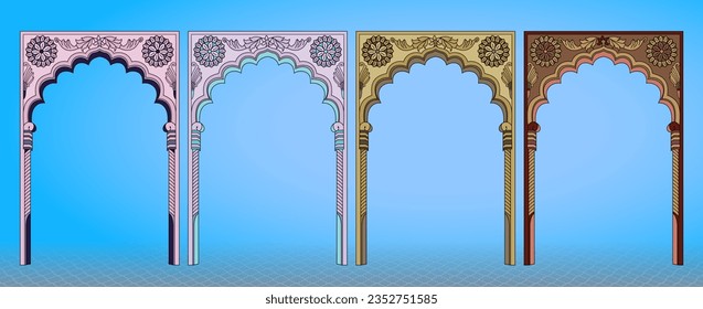 Traditional Indian Mughal architecture elements. Can be used in wedding cards, greetings, and invitations. Vector illustration