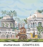 Traditional Indian Mughal emperor, queen, elephant, caravan, palace, architecture, arch, dome, peacock illustration vector