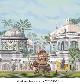 Traditional Indian Mughal emperor, queen, elephant, caravan, palace, architecture, arch, dome, peacock illustration vector - Shutterstock ID 2206951331
