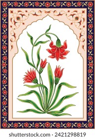 Tradicionales ilustraciones de Motif floral mogol hindú. Borde floral indio y diseño de arco.