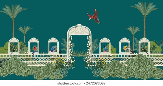 Traditional Indian Mughal garden, arch, peacock, plant illustration for wallpaper. Horse riding in a garden Mughal wallpaper.