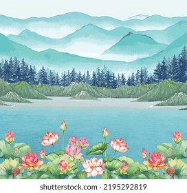 Traditional Indian Mughal lily lotus flower lake, pond and hill illustration. Landscape of misty mountains