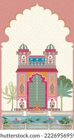 Traditional Indian Mughal palace, garden, arch, parrot frame for invitation vector pattern