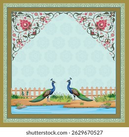 Traditional Indian Mughal plant, Mughal art, peacock garden, Mughal dancing woman in a garden, Pattern on the palace, Jaipur, Mughal Traditional colourful arch gate vector pattern