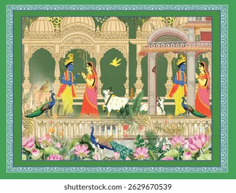 Traditional Indian Mughal plant, Mughal art, peacock garden, Mughal dancing woman in a garden, Pattern on the palace, Jaipur, Mughal Traditional colourful arch gate vector pattern