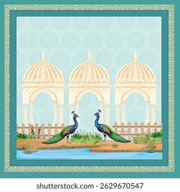 Traditional Indian Mughal plant, Mughal art, peacock garden, Mughal dancing woman in a garden, Pattern on the palace, Jaipur, Mughal Traditional colourful arch gate vector pattern
