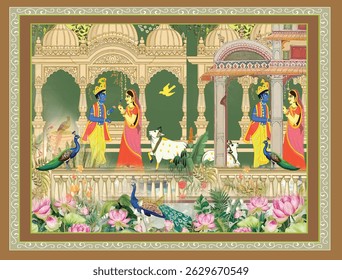 planta tradicional indiana mogol, arte mogol, jardim pavão, mulher dançando mogol em um jardim, padrão no palácio, Jaipur, mogol tradicional colorido arco portão vetor padrão