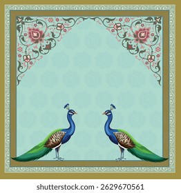Traditional Indian Mughal plant, Mughal art, peacock garden, Mughal dancing woman in a garden, Pattern on the palace, Jaipur, Mughal Traditional colourful arch gate vector pattern