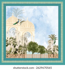 Traditional Indian Mughal plant, Mughal art, peacock garden, Mughal dancing woman in a garden, Pattern on the palace, Jaipur, Mughal Traditional colourful arch gate vector pattern