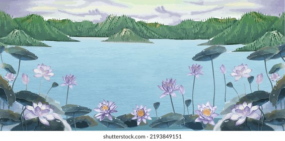 Traditional Indian Mughal purple lotus flower lake and hill illustration. Chinese blue lake