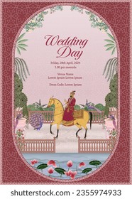 Diseño tradicional de la tarjeta de matrimonio mogol india. Tarjeta de invitación para ilustración vectorial de impresión del Día de la Boda.