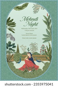 Traditional Indian Mughal Wedding Card Design. Invitation card for Mehedi Night printing vector illustration.