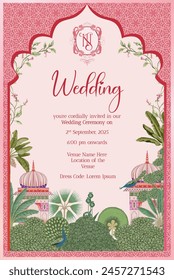 Traditional Indian Mughal Wedding Day Invitation Card Design with arch, NT monogram with crest, Mughal Decorated Dome, Red background tropical tree, Pichwai art vector illustration.