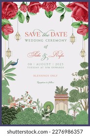 Traditional Indian Mughal wedding invitation card design. Save the date invitation card for printing vector illustration.