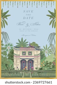 Diseño tradicional de la tarjeta de invitación a la boda mogol india. Palacio Mughal con pavo real y árboles tropicales ilustran vectores.