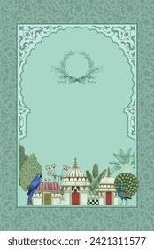 Traditional Indian Mughal wedding invitation card design. Mughal garden wedding invitation.